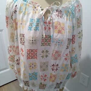 Cato Plus Size 18/20 Cream Floral Patterned Peasant Top Elastic Waist